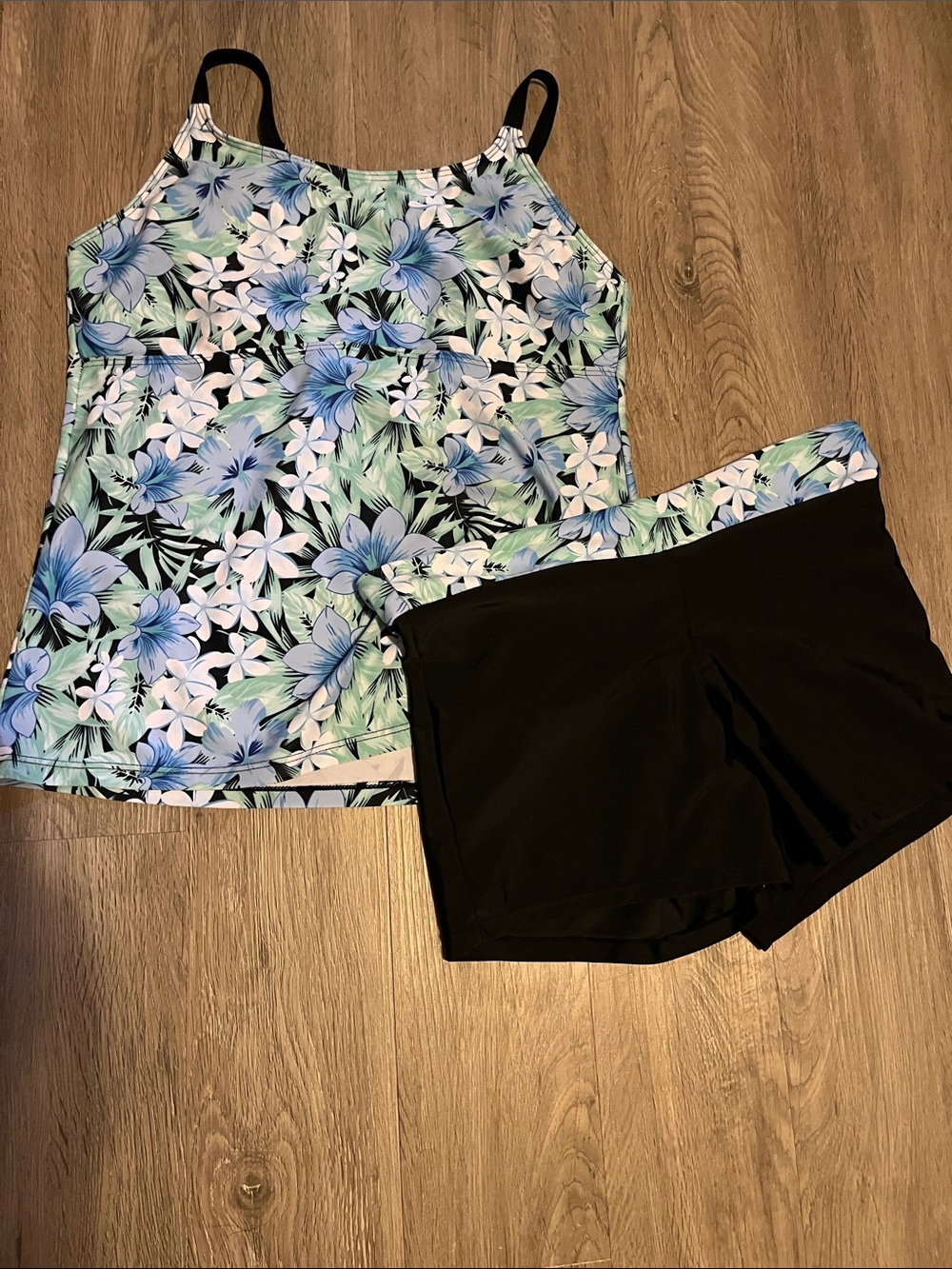Floral Tankini Top & Black Swim Shorts Set - Blue Green Floral